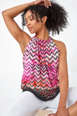 Roman Pink Petite Zig Zag Print Halterneck Top