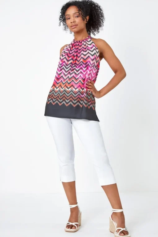 Roman Pink Petite Zig Zag Print Halterneck Top