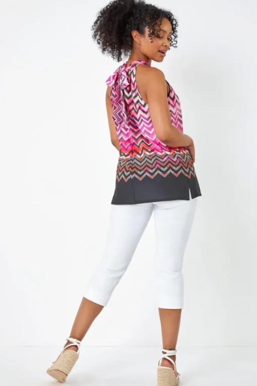 Roman Pink Petite Zig Zag Print Halterneck Top