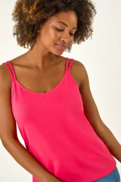 Roman Pink Plain Double Strap Stretch Vest Top