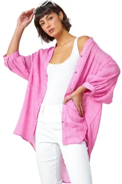 Roman Pink Plain Oversized Cotton Blend Shirt