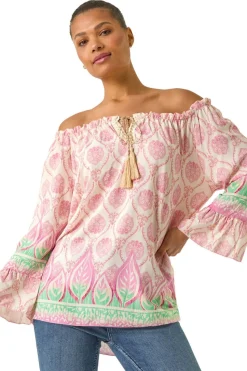 Roman Pink Printed Bardot Tie Neck Top
