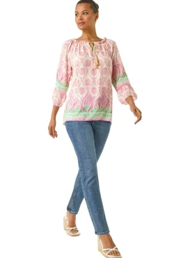 Roman Pink Printed Bardot Tie Neck Top