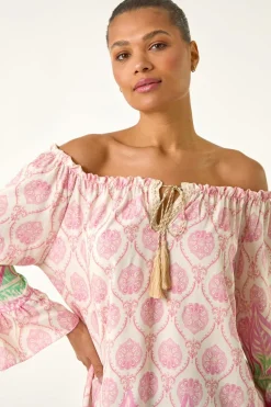 Roman Pink Printed Bardot Tie Neck Top