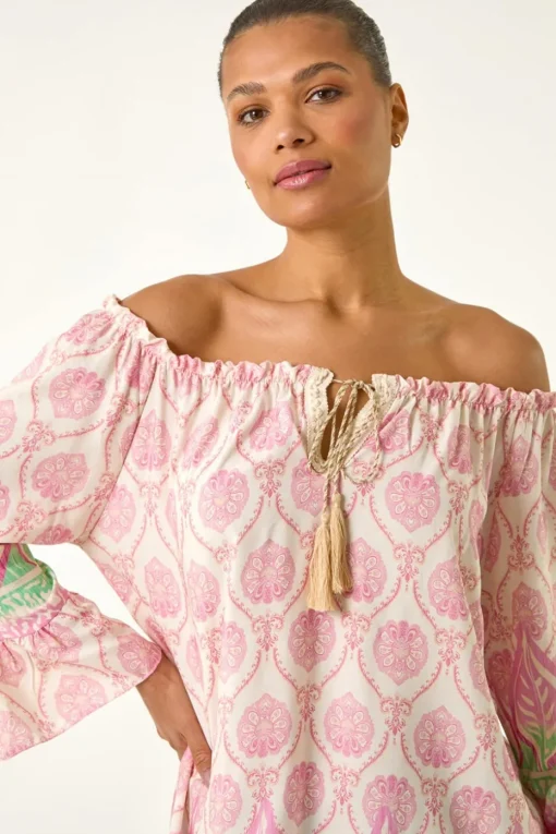 Roman Pink Printed Bardot Tie Neck Top