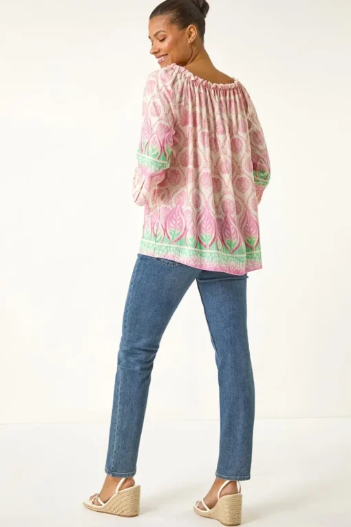 Roman Pink Printed Bardot Tie Neck Top