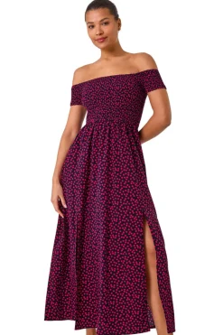 Roman Pink Spot Print Shirred Bardot Maxi Dress