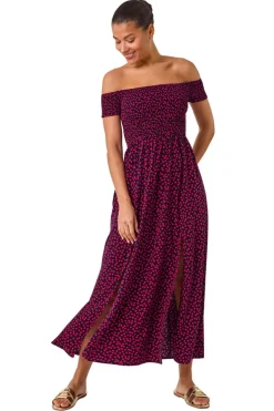 Roman Pink Spot Print Shirred Bardot Maxi Dress