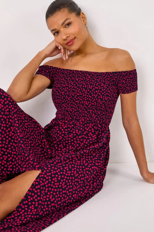 Roman Pink Spot Print Shirred Bardot Maxi Dress