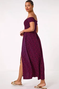 Roman Pink Spot Print Shirred Bardot Maxi Dress