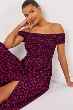 Roman Pink Spot Print Shirred Bardot Maxi Dress
