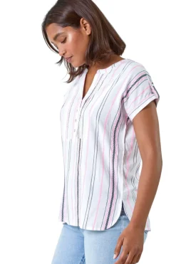 Roman Pink Stripe Print Button Detail V-Neck Top