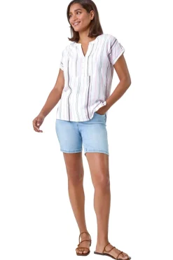 Roman Pink Stripe Print Button Detail V-Neck Top