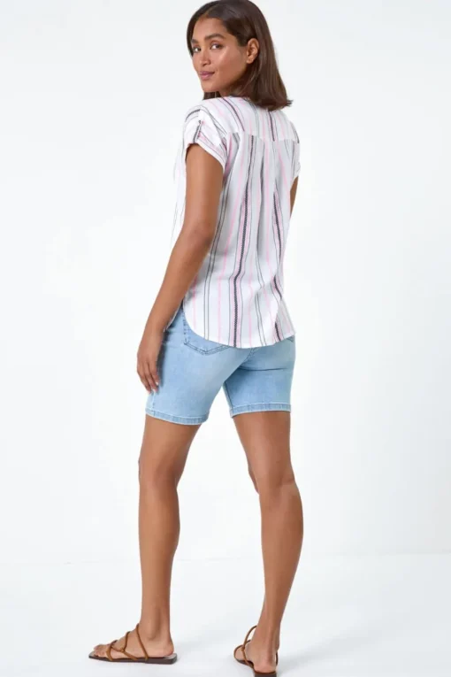 Roman Pink Stripe Print Button Detail V-Neck Top