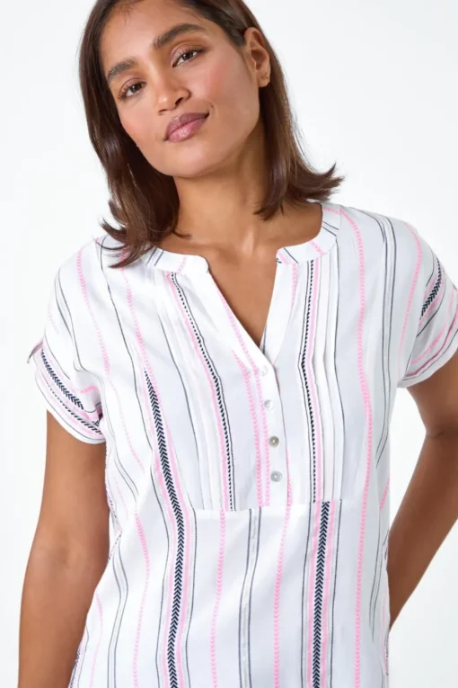 Roman Pink Stripe Print Button Detail V-Neck Top