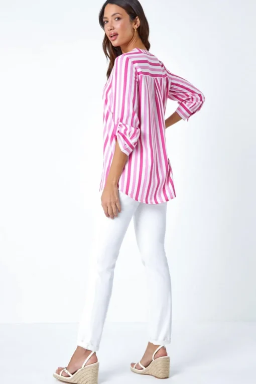 Roman Pink Stripe Print Pleat Detail Top