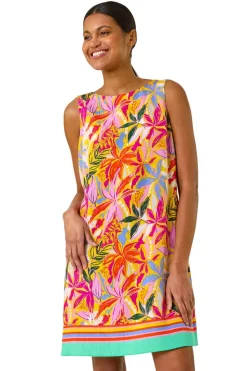 Roman Pink Tropical Leaf Print Shift Dress