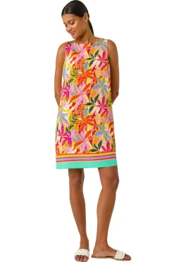 Roman Pink Tropical Leaf Print Shift Dress