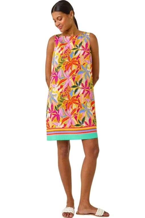 Roman Pink Tropical Leaf Print Shift Dress