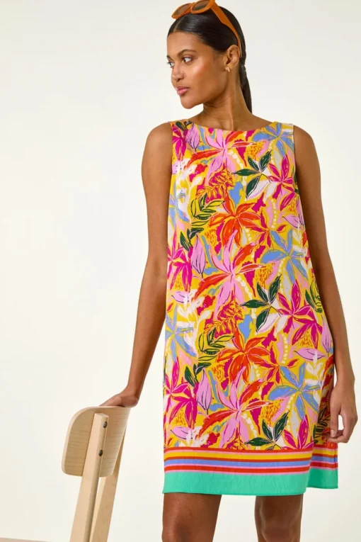 Roman Pink Tropical Leaf Print Shift Dress