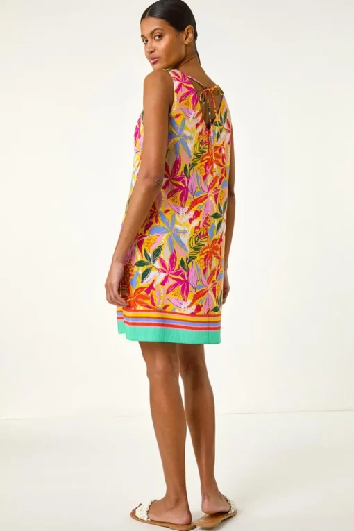 Roman Pink Tropical Leaf Print Shift Dress