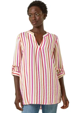 Roman Pink Vertical Stripe Pleat Detail Top