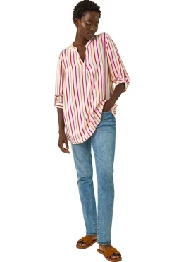 Roman Pink Vertical Stripe Pleat Detail Top