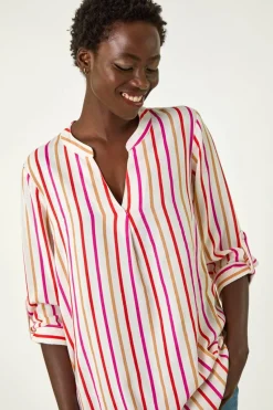 Roman Pink Vertical Stripe Pleat Detail Top