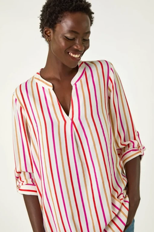 Roman Pink Vertical Stripe Pleat Detail Top