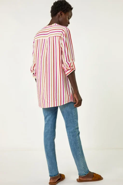 Roman Pink Vertical Stripe Pleat Detail Top