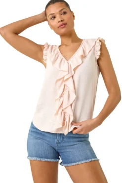 Roman Pink V-Neck Ruffle Front Vest Top