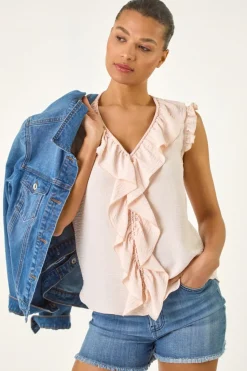 Roman Pink V-Neck Ruffle Front Vest Top