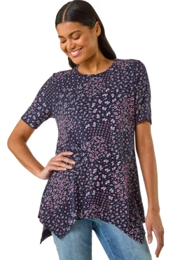 Roman Plum Floral Print Hanky Hem Tunic Top
