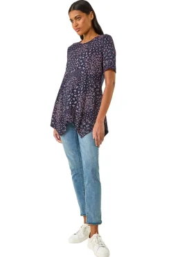 Roman Plum Floral Print Hanky Hem Tunic Top