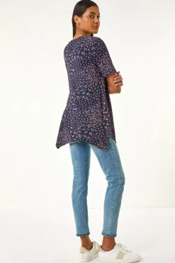 Roman Plum Floral Print Hanky Hem Tunic Top
