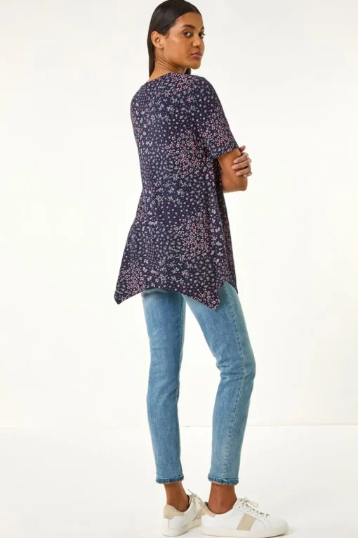 Roman Plum Floral Print Hanky Hem Tunic Top
