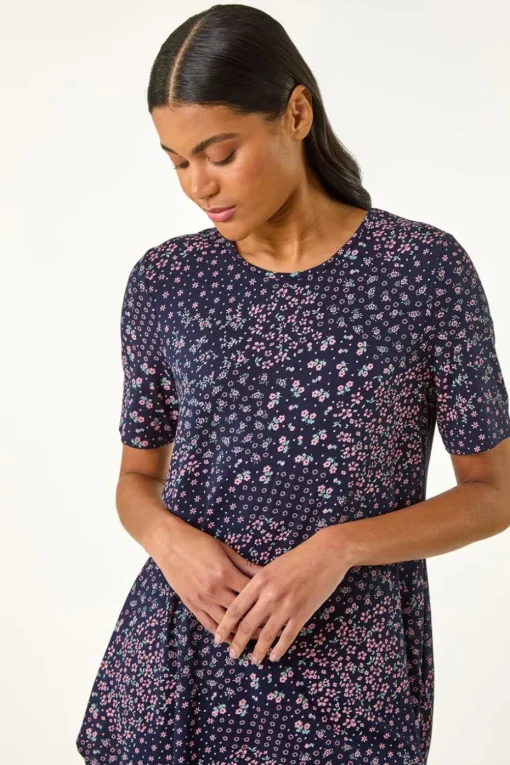 Roman Plum Floral Print Hanky Hem Tunic Top