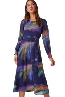 Roman Purple Feather Print Belted Midi Dress
