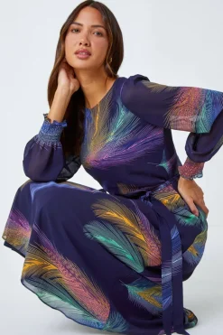 Roman Purple Feather Print Belted Midi Dress