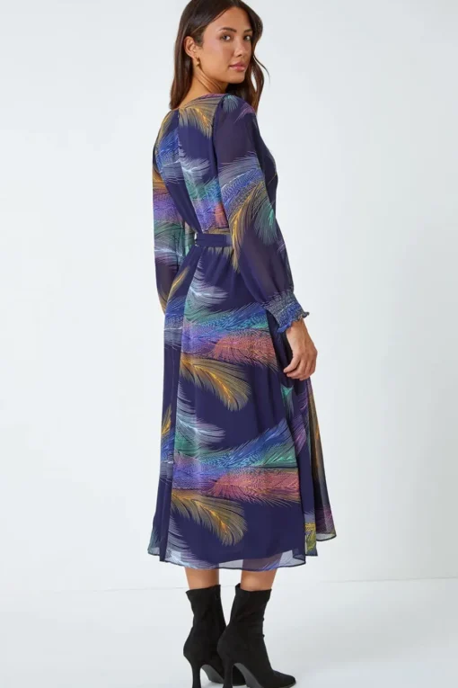 Roman Purple Feather Print Belted Midi Dress
