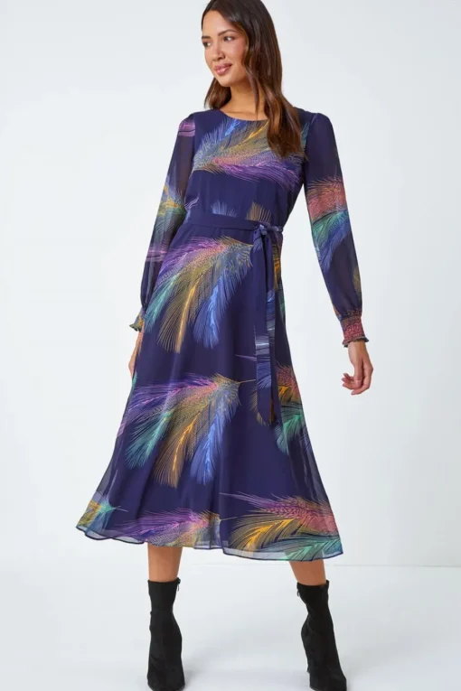 Roman Purple Feather Print Belted Midi Dress