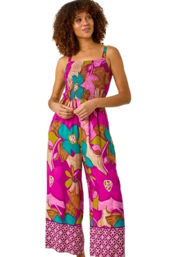 Roman Purple Floral Border Ruched Jumpsuit