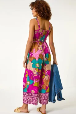 Roman Purple Floral Border Ruched Jumpsuit