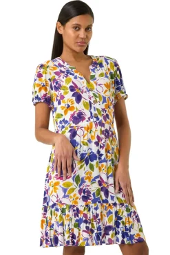 Roman Purple Floral Notch Button Shirt Dress