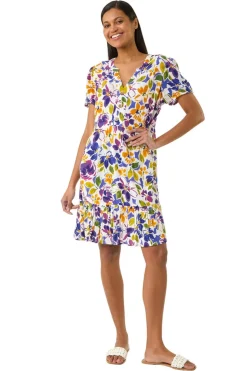 Roman Purple Floral Notch Button Shirt Dress