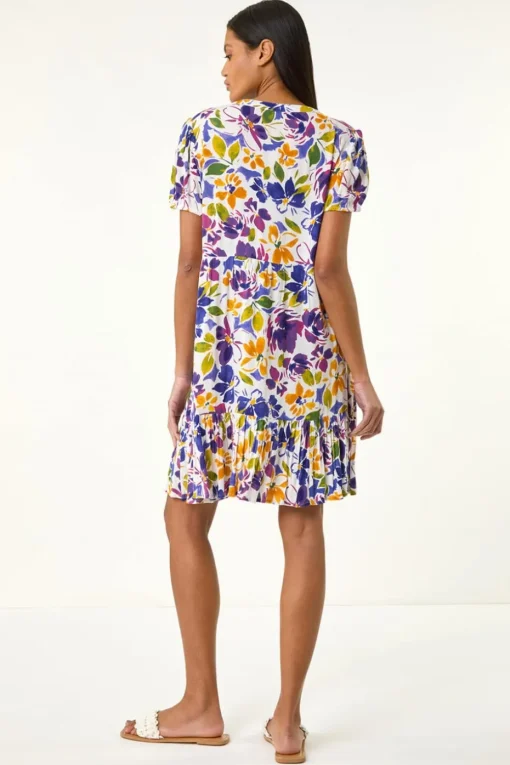 Roman Purple Floral Notch Button Shirt Dress