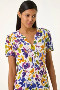 Roman Purple Floral Notch Button Shirt Dress