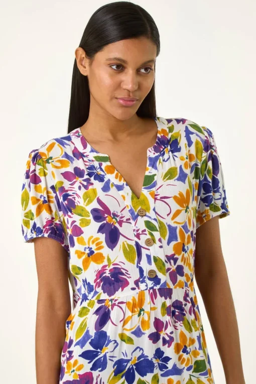 Roman Purple Floral Notch Button Shirt Dress