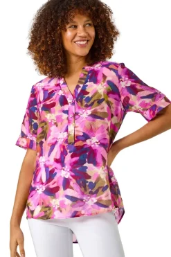 Roman Purple Floral Print V Neck Top