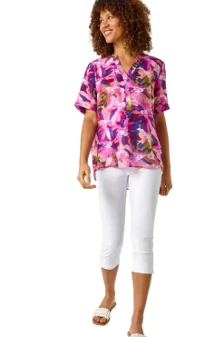 Roman Purple Floral Print V Neck Top